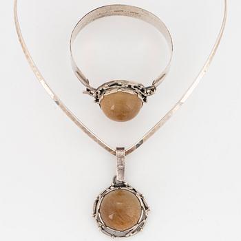 Bangle and pendant silver with cabochon cut rutile quartz, Klintz, necklace Alton.