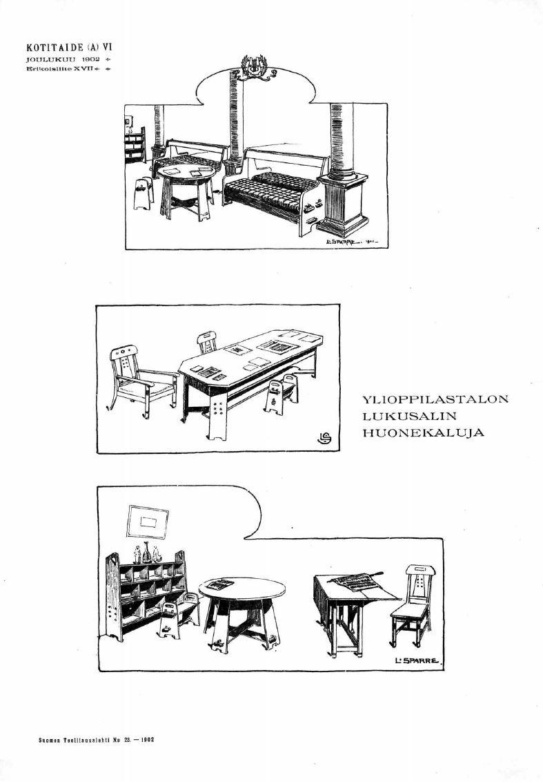 LOUIS SPARRE, TUOLIPARI. Ylioppilastalon lukusalin tuolit, Iiris tehtalle noin 1900.