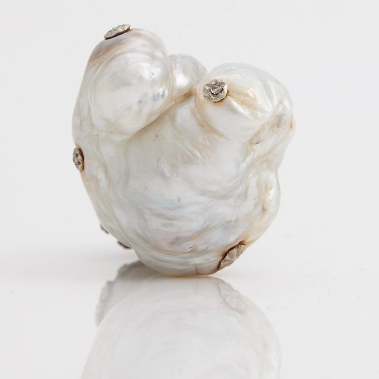 A pendant of a baroque shaped, natural pearl, decorated with rose cut diamonds.