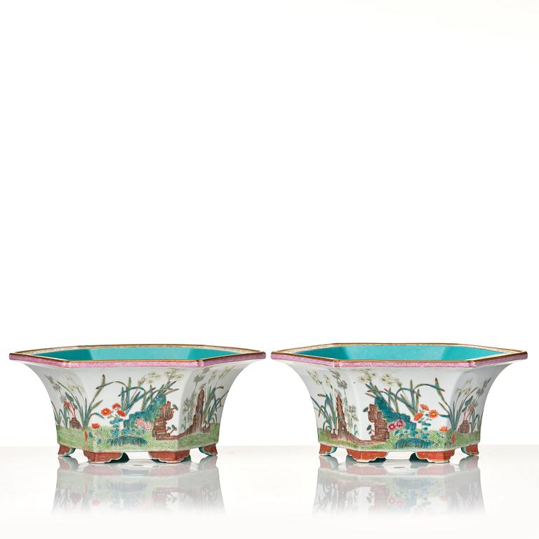 A pair of famille rose flower pots with stands, probably Republic, China, 20th Century.