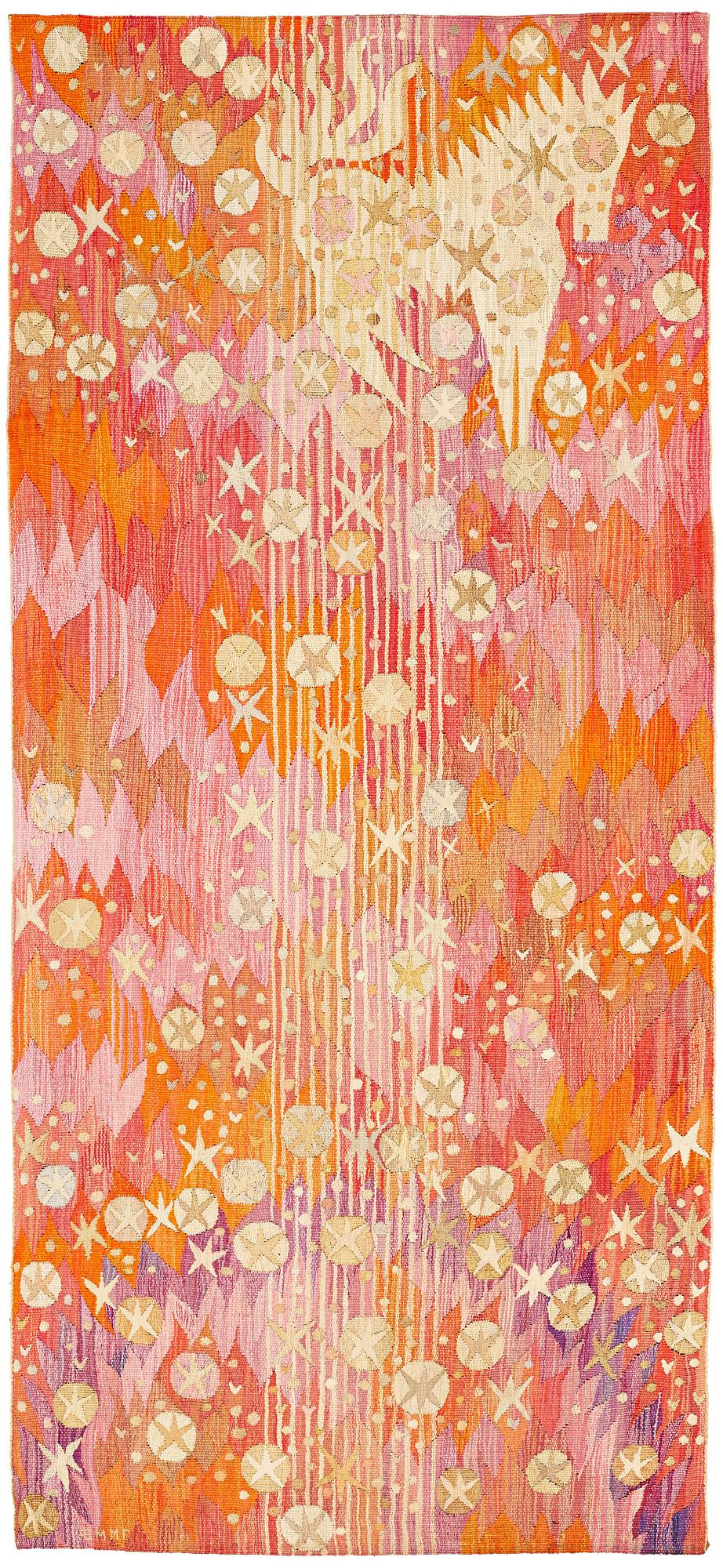 Barbro Nilsson, VÄVD TAPET, "Atomkraft - Atomkraften", gobelängvariant, ca 246,5 x 108,5 cm, signerad AB MMF BN.