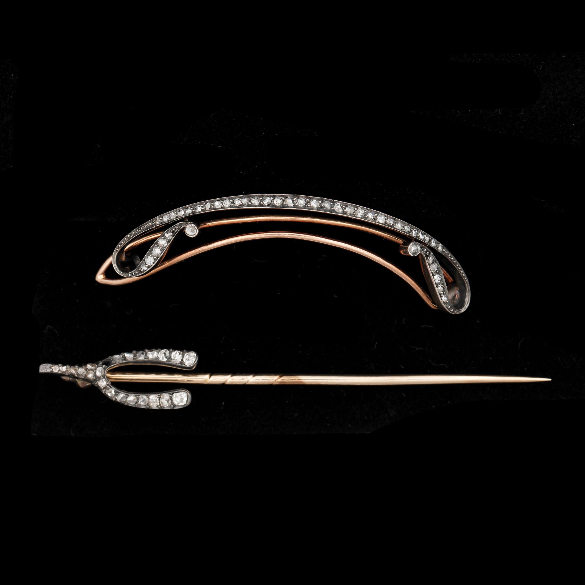 KRÅSNÅL samt HÅRSPÄNNE, silver och guld med rosenslipade diamanter, 1800-tal. Total vikt ca 7 g.