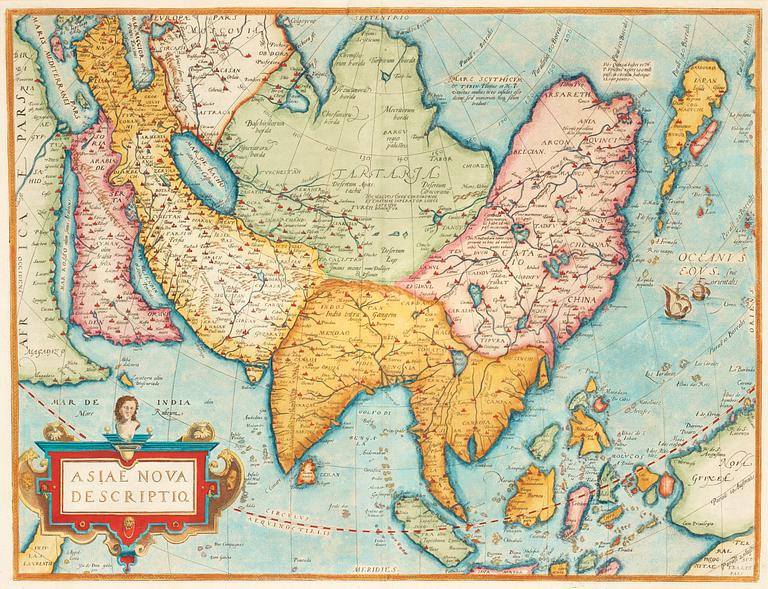 Abraham Ortelius, Ur: Theatrum Orbis Terrarum" (6). Världskarta, Europa, Asien, Afrika, Amerika samt porträtt. 1579.