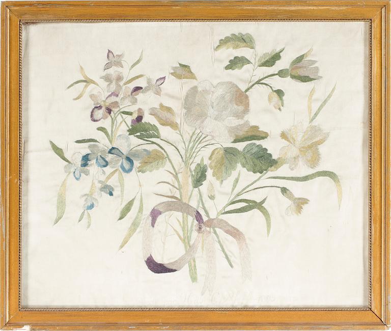 SIDENBRODERI, märkt Hedvig C. Pfeffer och daterad 1805.