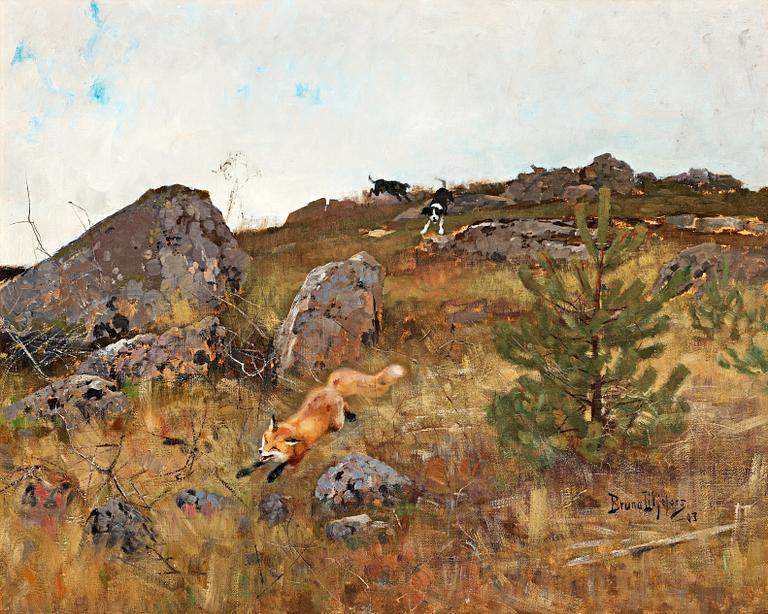 Bruno Liljefors, "Stövare jagande räv i höstlandskap" ("Fox Chased by Hounds").