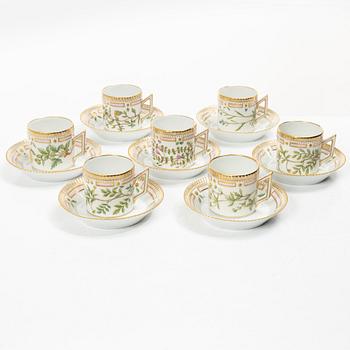 Royal Copenhagen, seven mocka cups with saucers, 'Flora Danica', Denmark.