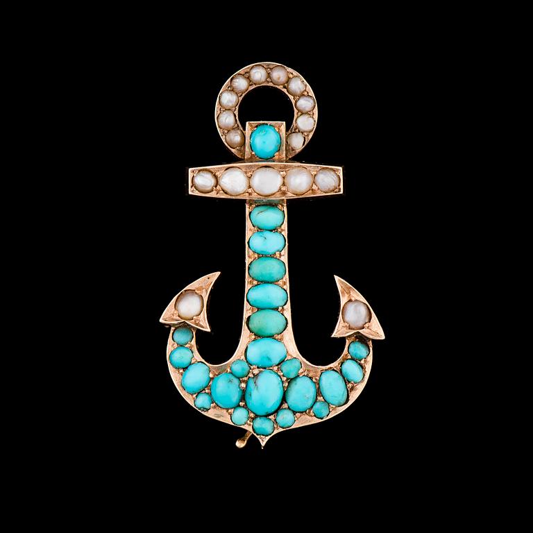 A BROOCH, pearls, cabochon cut turquoise, 14K (56) gold. St Petersburg, c. 1880.