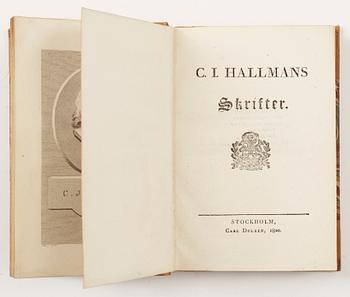 BÖCKER, 2 vol, CJ. Hallmans Skrifter, Stockholm 1820 resp "Donnerpamp... samt Intermede" av CJ Hallman, Stockholm 1782.