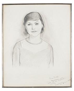 Einar Jolin, pencil, a portrait of Estrid Ericson, signed 1932, in a pewter frame, Svenskt Tenn, provenance Estrid Ericson.