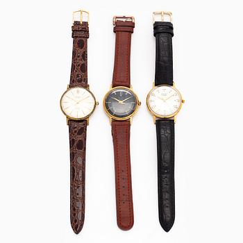 Poljot, wristwatches, 3 pieces, 35 mm, gold-plated steel, plastic crystal.
