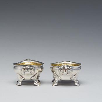 A mached pair of Swedish Rococo parcel-gilt silver salt-cellars, mark of Johan Bergengren, Kristianstad 1777 and 1780.