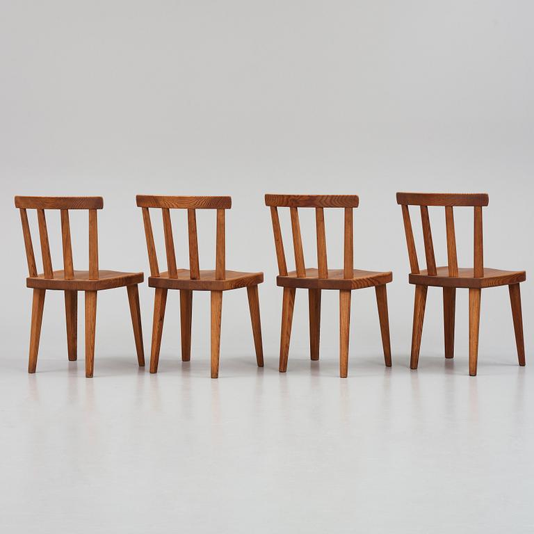 Axel Einar Hjorth, a set of four stained pine "Utö" chairs, Nordiska Kompaniet, Sweden 1930s.