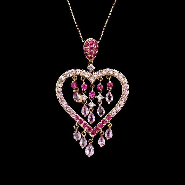 HÄNGE MED KEDJA, 14 K guld, diamanter samt flerfärgade rosa safirer.