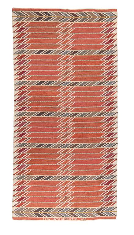 Ingrid Dessau, probably, a carpet, flat weave, not signed, ca 348 x 173 cm. Sweden 1955.