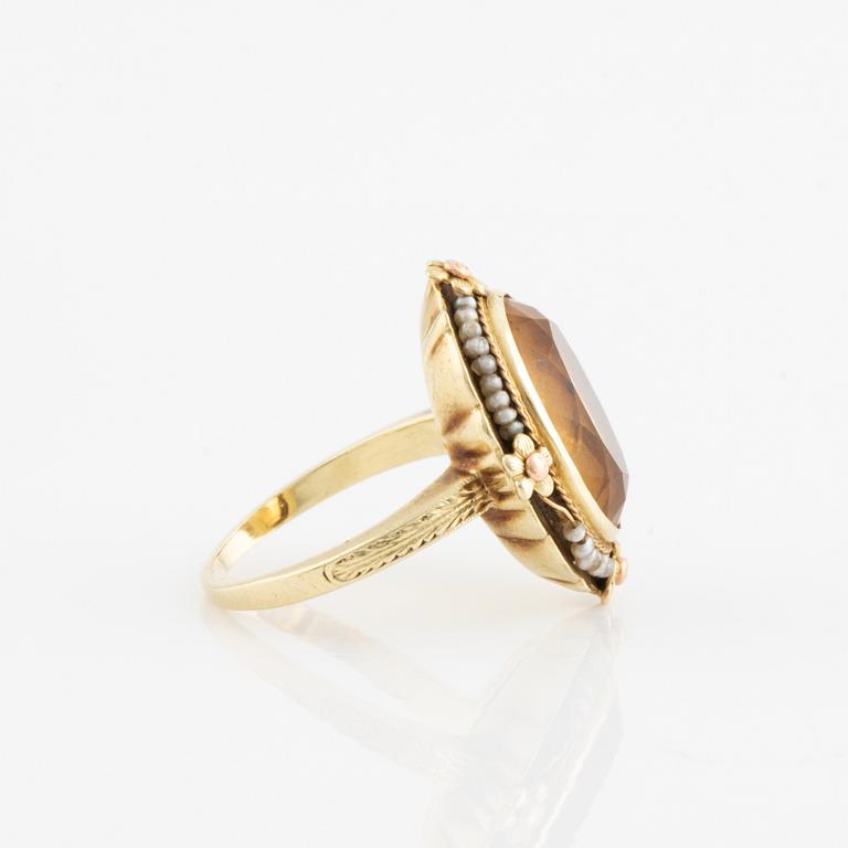 14K gold, citrine and seed pearl ring.