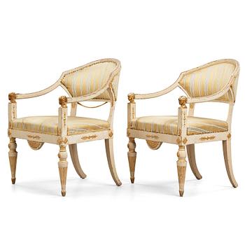 55. A pair of late Gustavian armchairs, in the manner of Carl Christoffer Gjörwells (1766-1837), early 19th century.