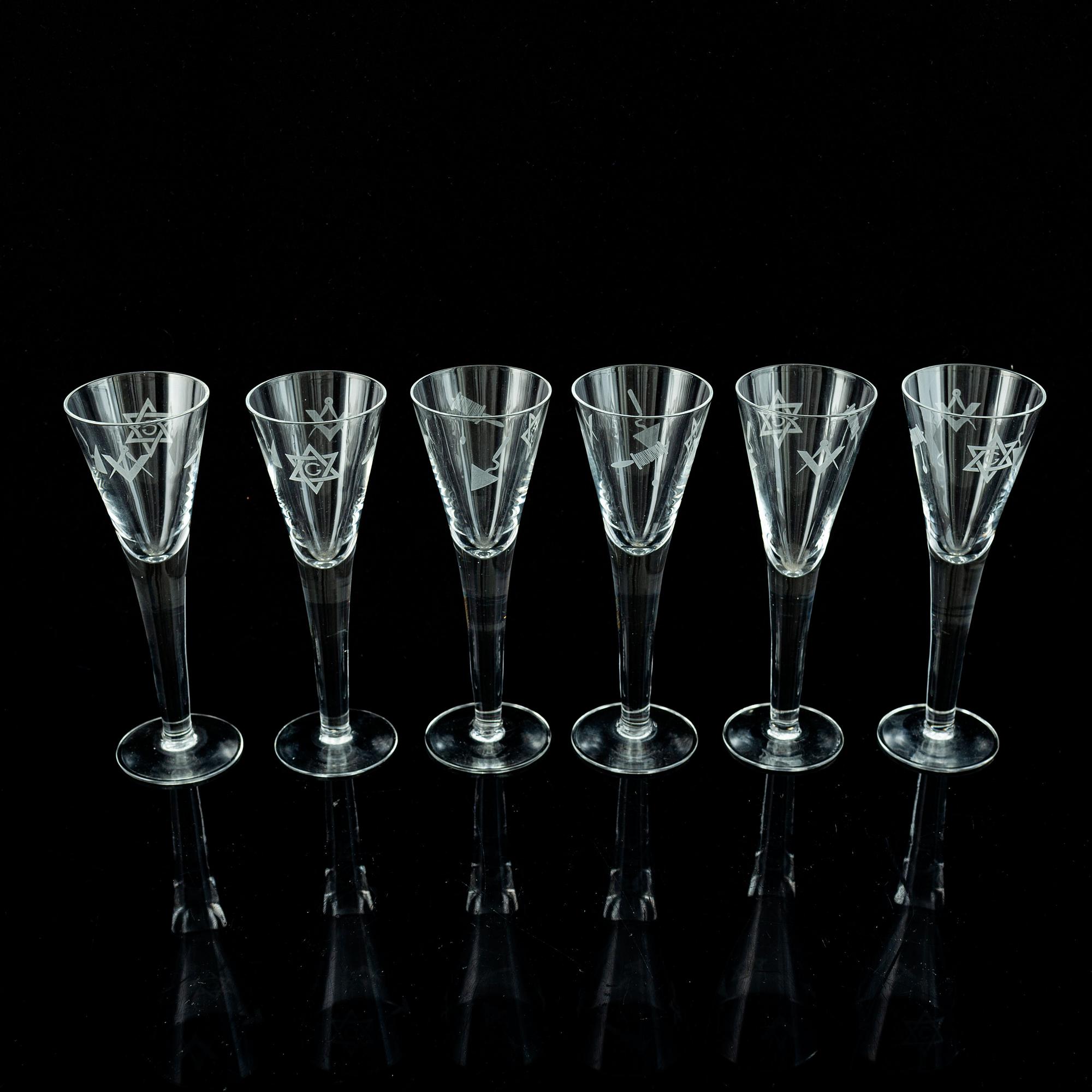 A set of six freemason glasses, 20th century.