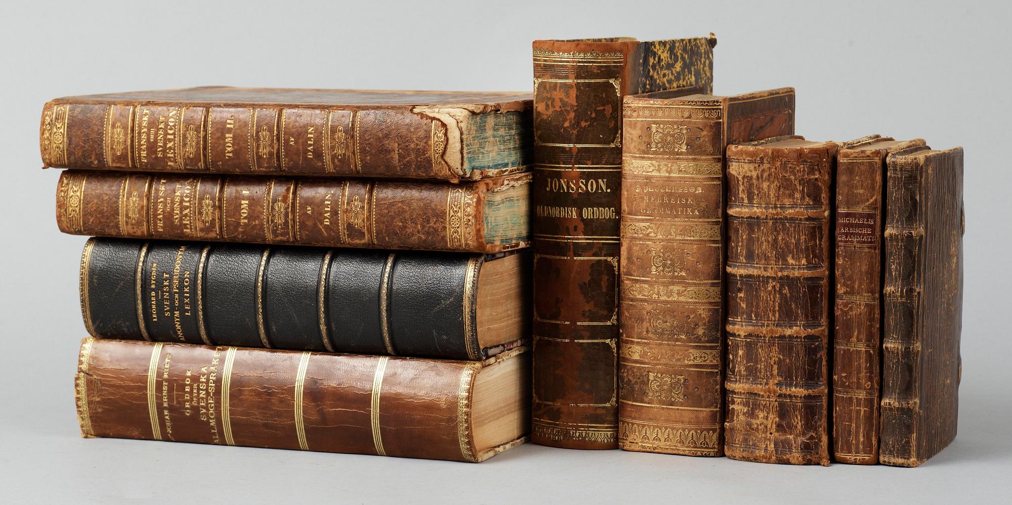 BOKPARTI ORDBÖCKER OCH GRAMMATIKOR, 9 vol, bla "Johann David Michaelis Arabische Grammatik..." Göttingen 1781.