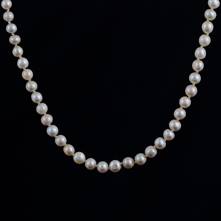 Cultured pearl necklace, clasp with old-cut diamonds.