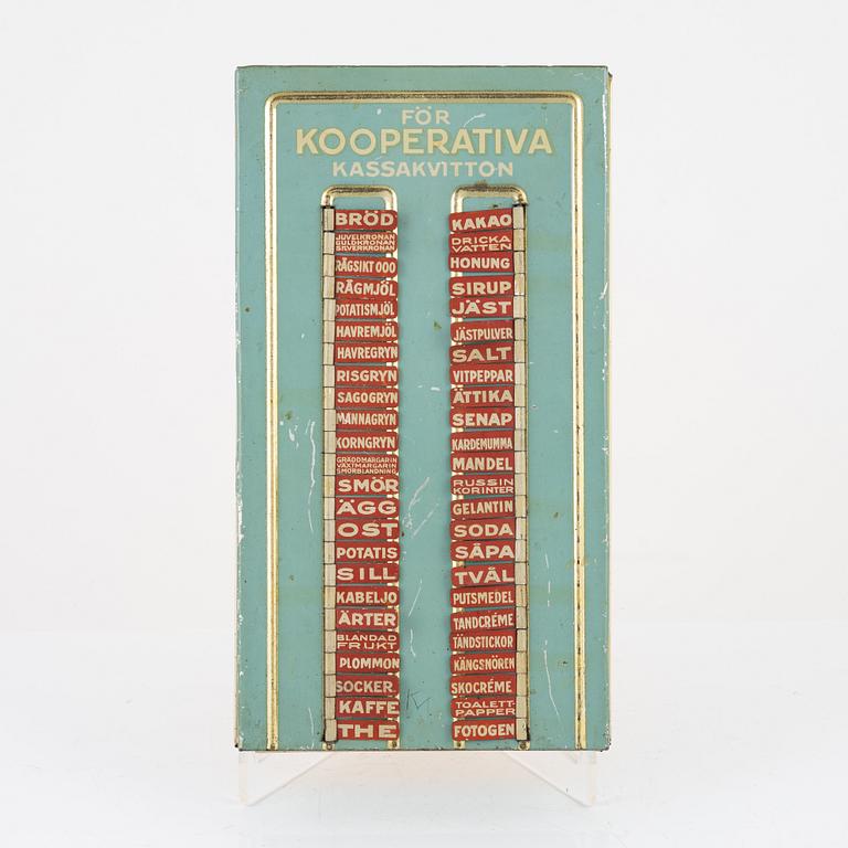 A metal shopping list from  Kooperativa förbundet, AB Hugo Brusewitz Bleckvarufabrik, Gothenburg, 1930's/40's.