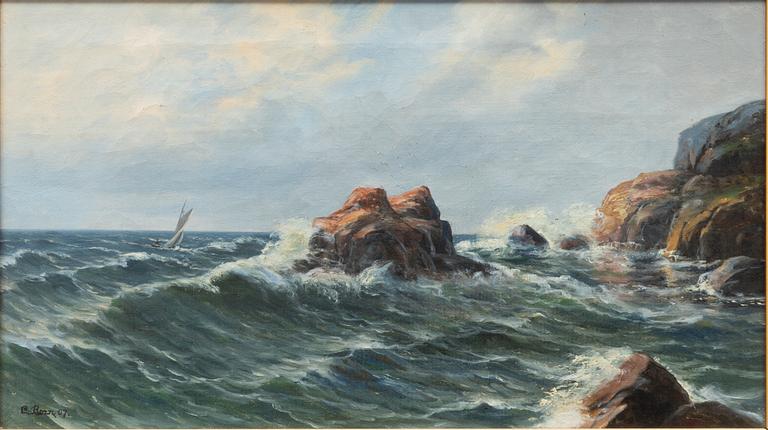 Unknown artist, 20th century, Sailing boat by the coast.