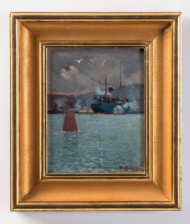 Olof Sager-Nelson, "Ångbåtar i hamn" (Steam ships in harbour).