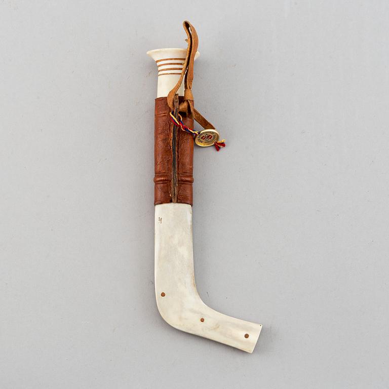 Johan Fankki, a Sami reindeer horn and leather knife, signed JF.