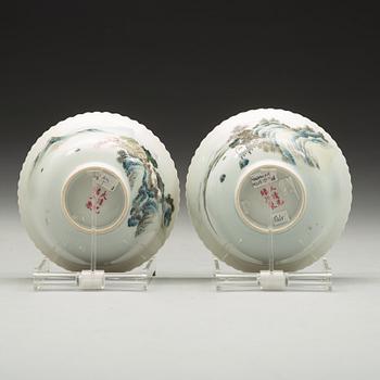 A set of two famille rose bowls. Republic, early 20th century, with Guangxus six character mark.