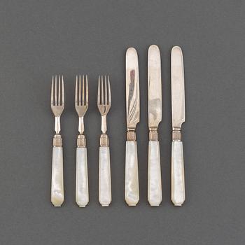 An English set of 44 silver and mother-of-pearl fruit cutlery, mark of Aaron Hadfield, Sheffield, 1846.