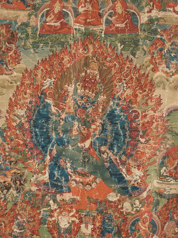 A Tibetan thangka of Vajrabhiarava with Tsongkhapa at the top, 19th Century.