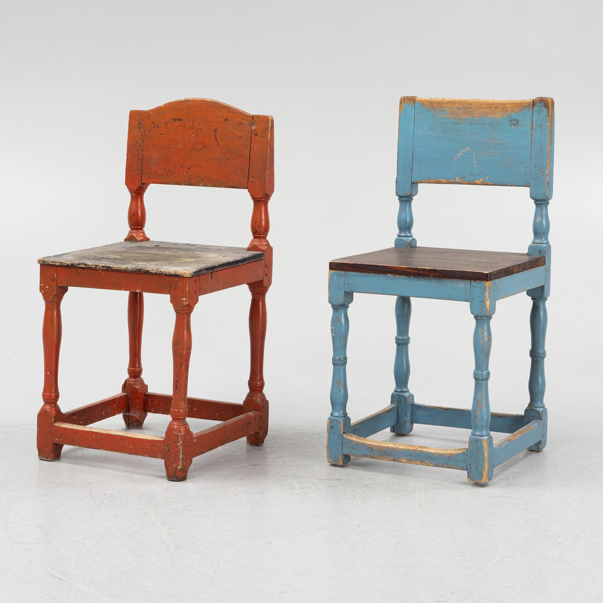 Chairs, five pieces, similar, folk art, late 19th century.