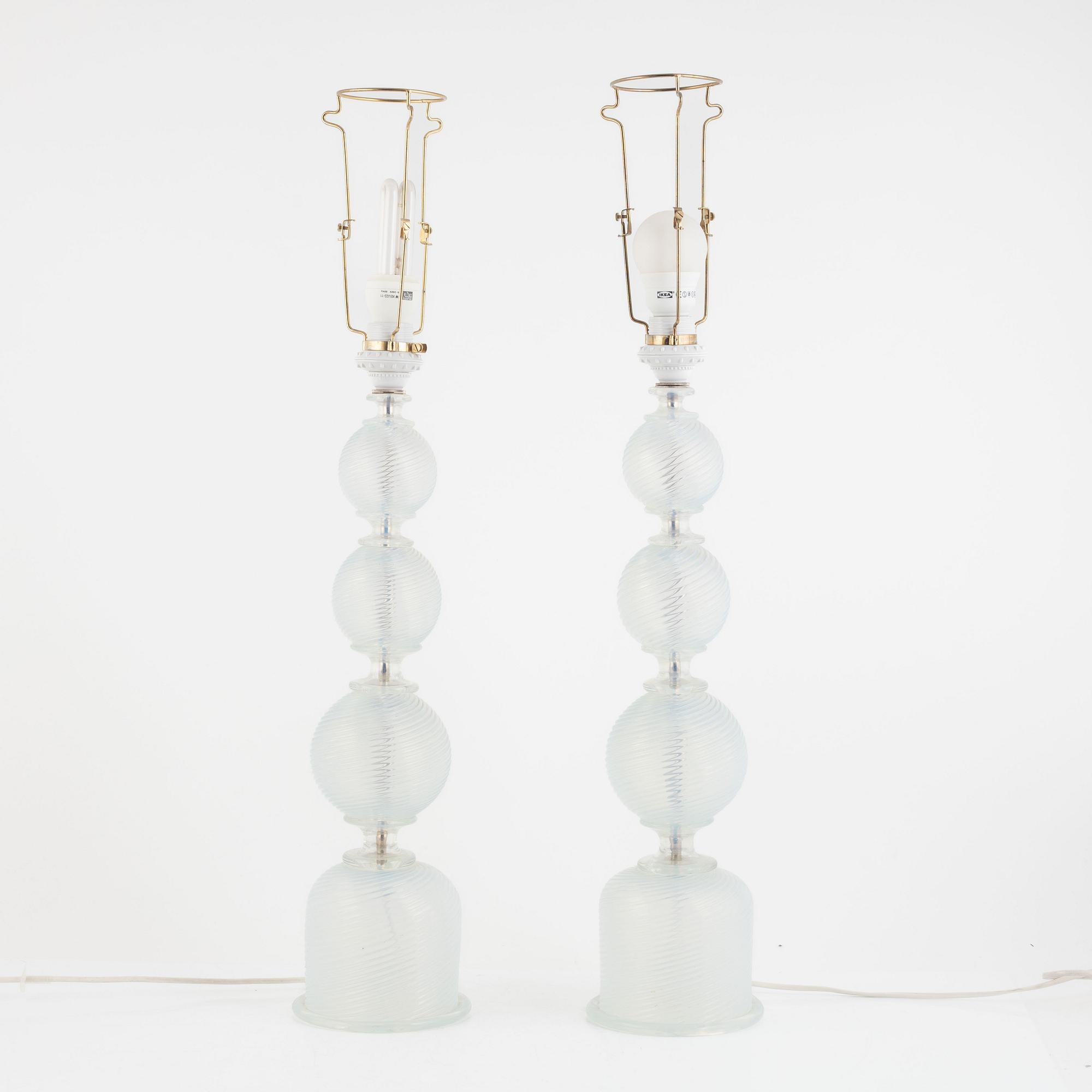 Table lamps, a pair, glass, probably Murano.