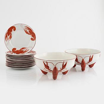 Alf Wallander, crayfish service, 14 pieces, earthenware, Rörstrand, early 20th century.