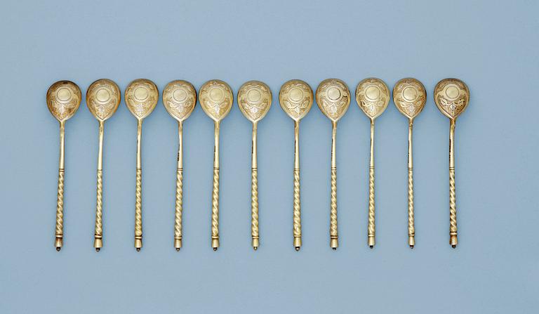 A set of eleven Russian silver-gilt mocca-spoons, possilby of Alexei Silayev, Moscow 1880's.