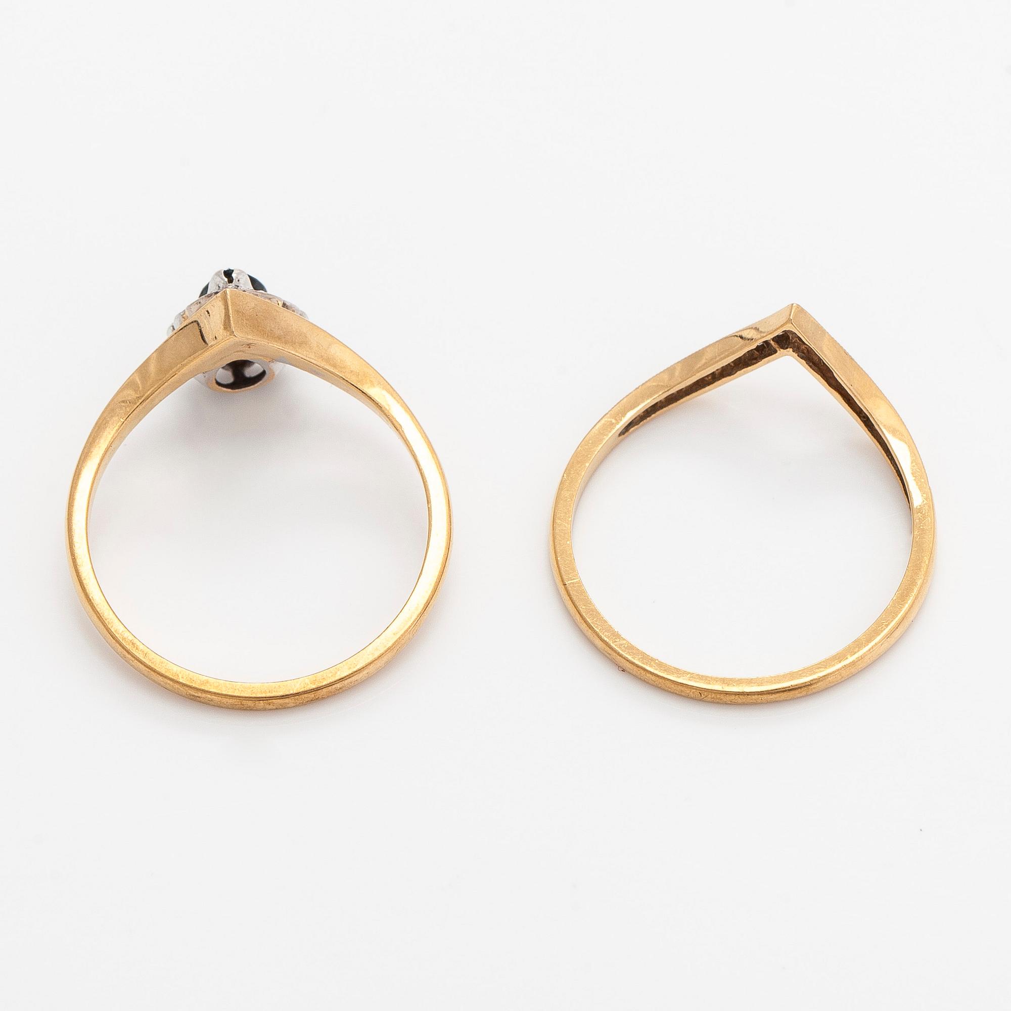 Rings, 2 pcs, faceted sapphire, brilliant- and 8/8-cut diamonds, 18K gold.
