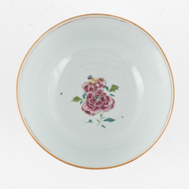 A famille rose dish, sauce boat and bowl, Qing dynasty, 18th Century.