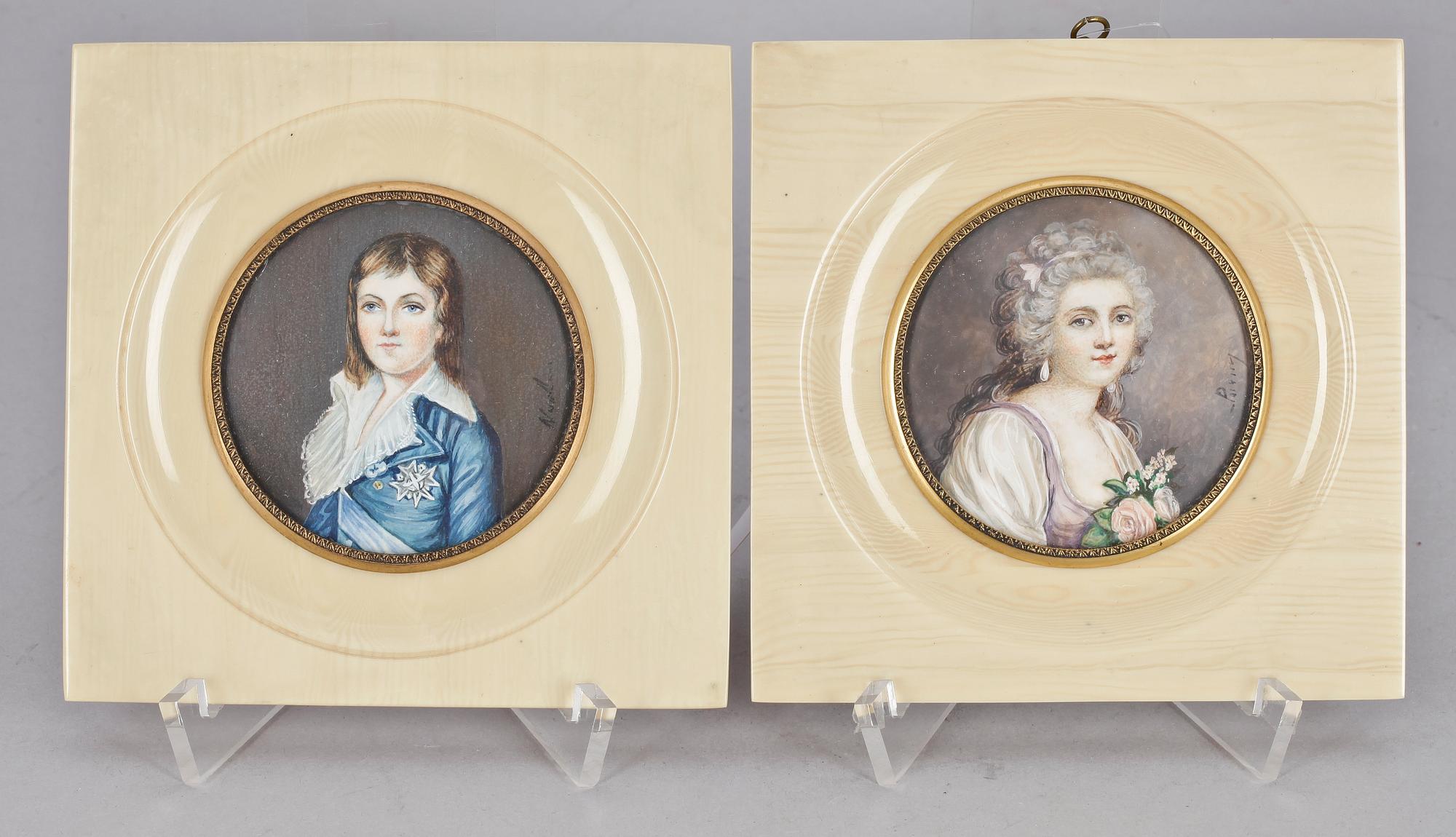 MINIATYRMÅLNINGAR, 2 st, gouache på papper, 1900-talets första hälft.