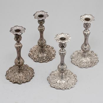 LJUSSTAKAR, 4 st, nysilver, nyrokoko, 1800-talets andra hälft.