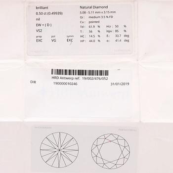 Lös briljantslipad diamant 0,50 ct, HRD Antwerp certifikat.