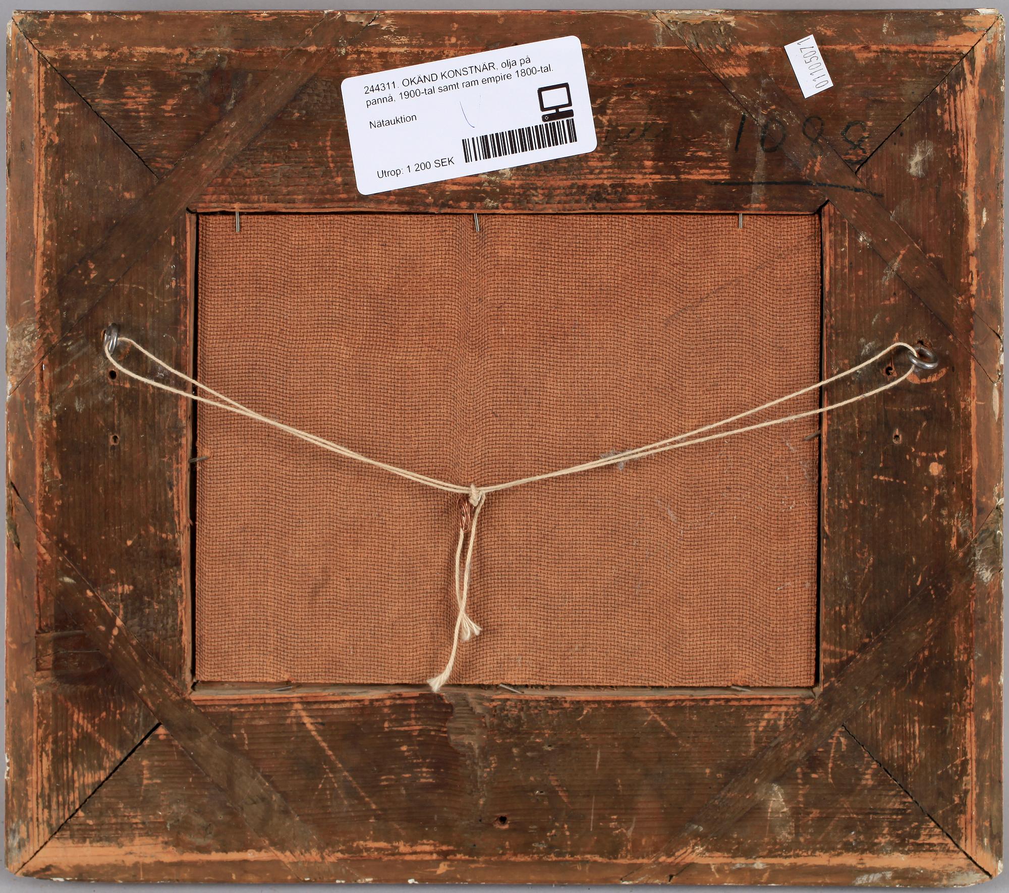 OKÄND KONSTNÄR, olja på pannå, 1900-tal samt ram empire 1800-tal.