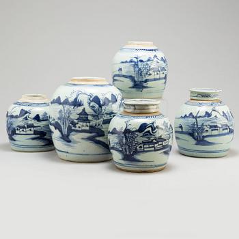 Five blue and white jars, Qing dynasty, 18t/19h century.