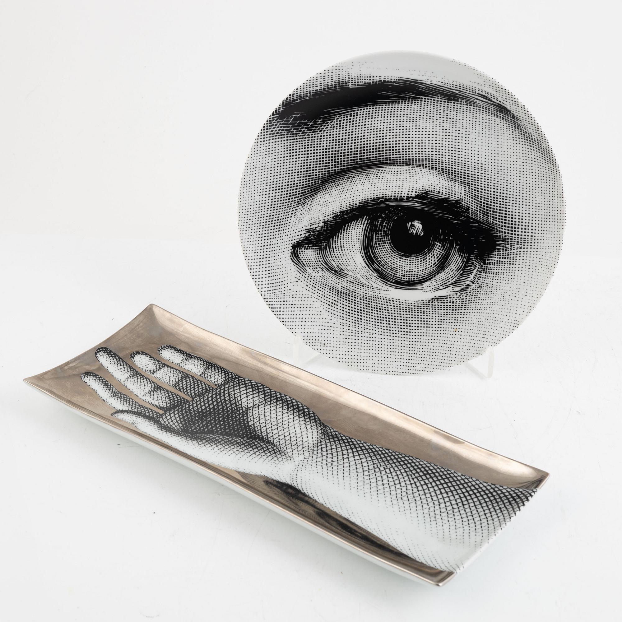 Piero Fornasetti, a porcelain dish and a plate, Milano, Italy.