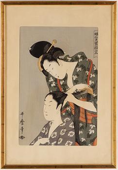 Utamaro Kitagawa (c.1753-1806), efter, färgträsnitt, 2 st, Japan, 1900-tal.