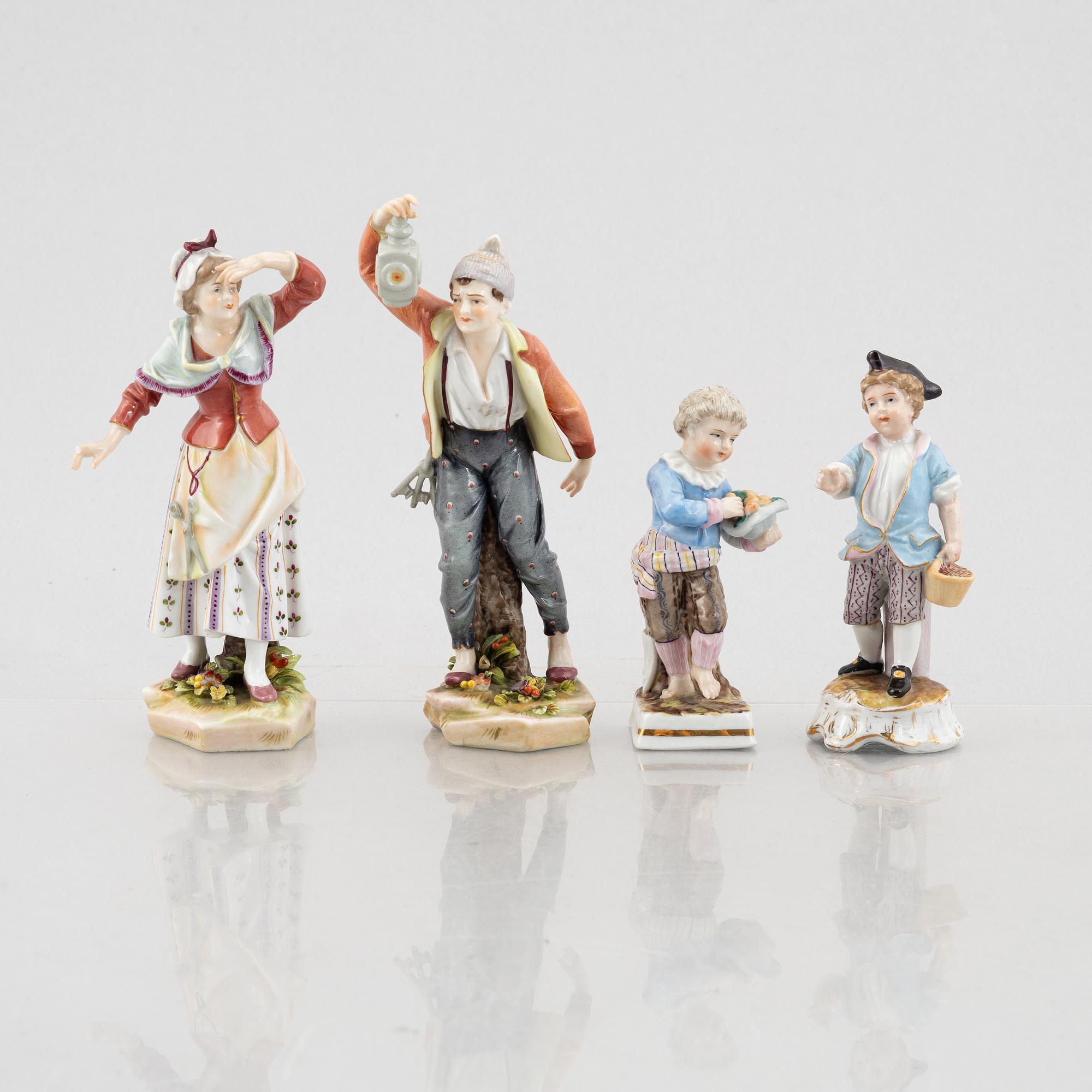 Five porcelain figurines, Meissen, Germany, late 19th century and Meissen-like marks, 20th century.