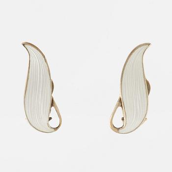 Brooch and a pair of earrings, sterling silver and white enamel. Norway.