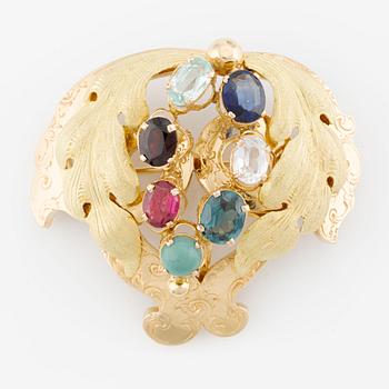 Brooch, 18K gold with coloured stones, 19th century.