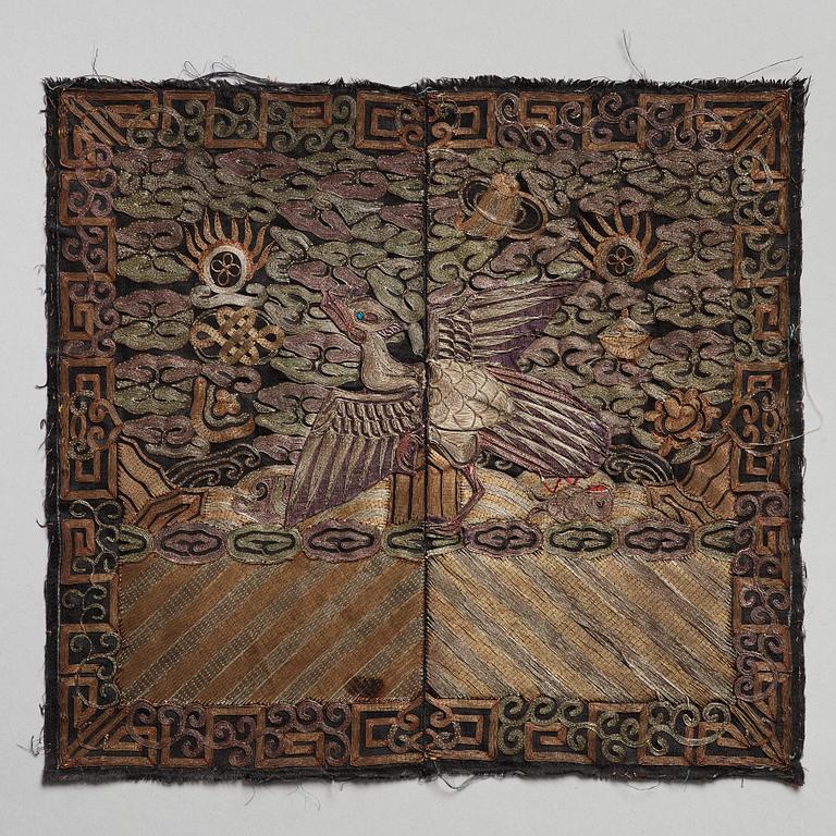 A set of three mandarin rank insignias, Qing dynasty, circa 1900.