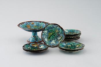 Eighteen majolica small plates and a serving dish from Rörstrand, second half of the 19th century.