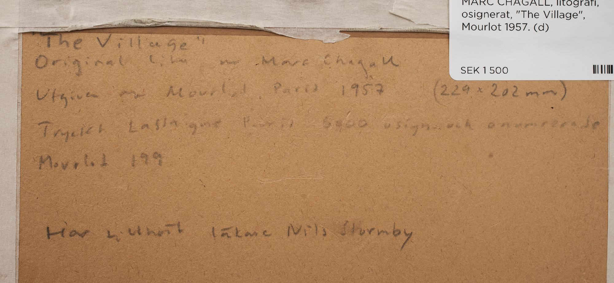 MARC CHAGALL, litografi, osignerat, "The Village", Mourlot 1957.