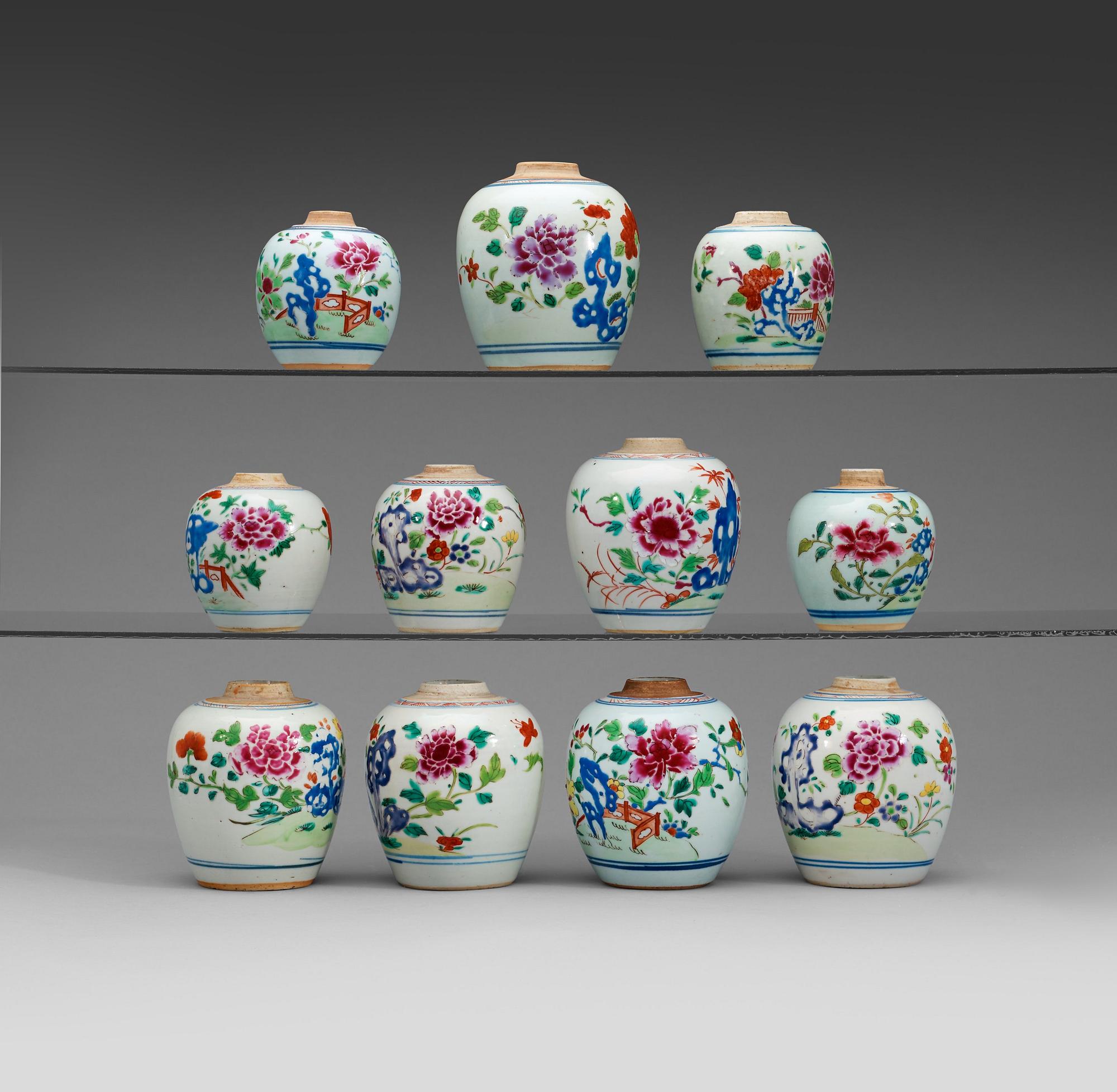 A set of 11 famille rose pots, Qing dynasty, Qianlong (1736-95).
